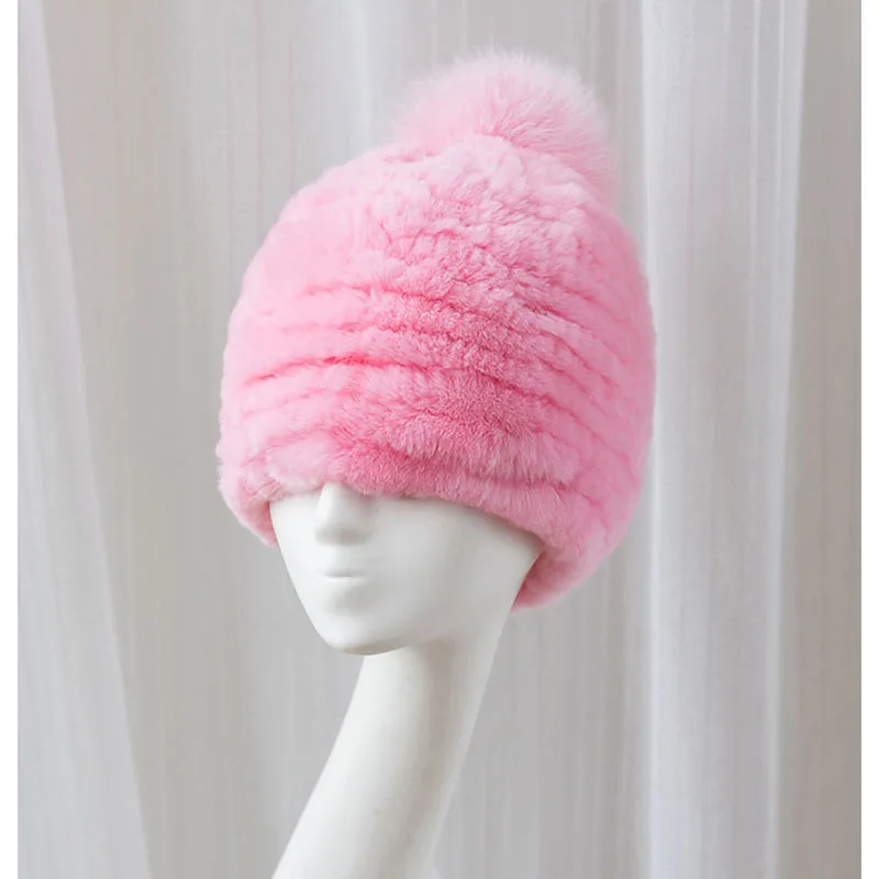 

2019 Knitted Real Fur Beanie Hats With Pom Pom Fashion Genuine Rabbit Fur Hat Warm Russia Winter Ladies Elastic Hats Autumn Cap