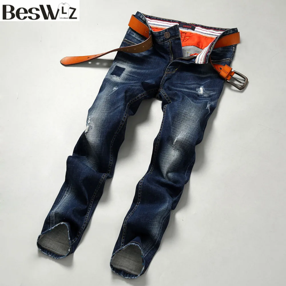 

Beswlz Men Denim Jeans Mid-waist Straight Slim Male Scratched Jeans Pants Casual Business Style Men Blue Hole Jeans 9511