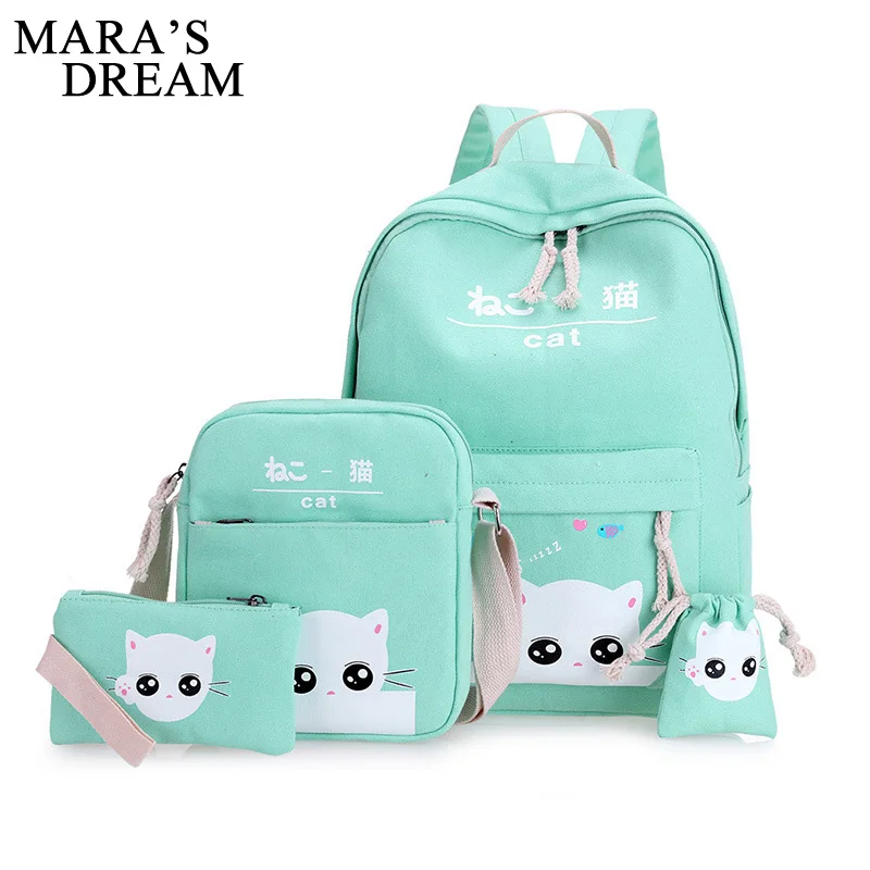 

Mara's Dream Cat Printing Backpacks For Teenage Girls School Bag 4 Set Pcs Women Canvas Backpack Girls Book Bag Rucksack Mochila