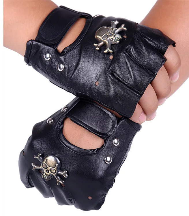 Мужские перчатки в стиле рок из искусственной кожи с черепом, черные панковские перчатки на половину пальцев, перчатки для велоспорта - Цвет: Черный