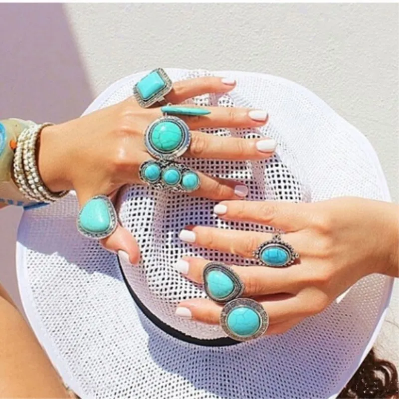 

Bohemia Retro exaggerated adjustable geometric irregularly inlaid green stone rings for women 4RD89