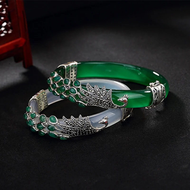 BALMORA твердый 925 пробы Серебряный халцедон Павлин животное браслет для женщин подарок тайское модное серебро Винтажные Ювелирные Изделия