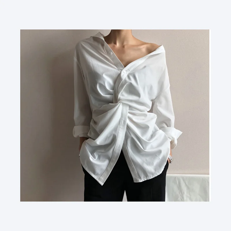  SuperAen Irregular V-neck Shirt Women Spring 2019 New Solid Color Cotton Women Blouses and Tops Fas