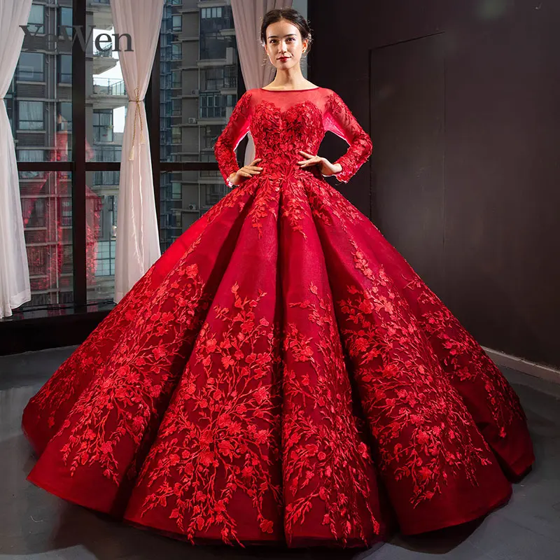 

YeWen Red Long Sleeves Vintage Sexy Evening Dresses 2018 Fashion Ball Gown Lace up Bride Wedding Gowns saudi arabia Real Photo