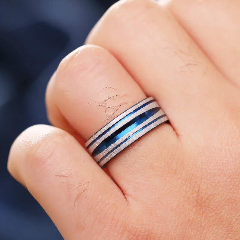 Woiwoi Stainless Steel Rings European American Style Retro Stainless Steel  Men's Ring For Men Blue Color punk Rings