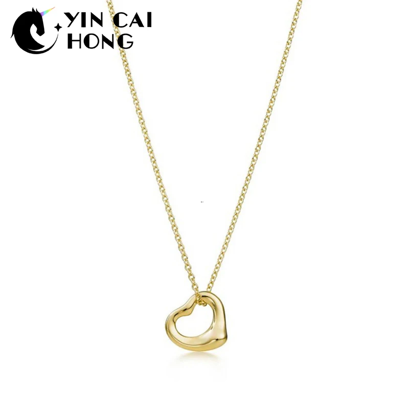 

NEW Charm Gift 925 Sterling Silver Golden Heart TIFF Attractive Elegance Temperament Necklace World Jewelry