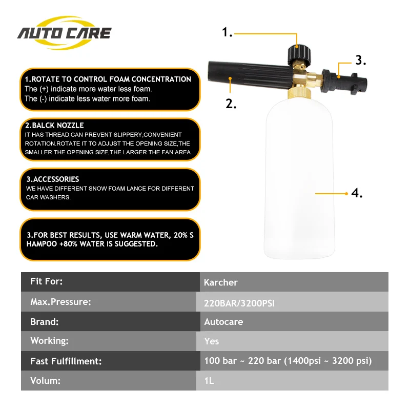 1Л пенная насадка, автомобильный пистолет для очистки воды для Karcher серии K, K2-K7 генератор пены для мойки автомобилей высокого давления