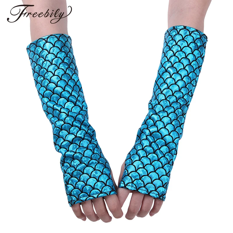 Adult Mermaid Arm Sleeves Gloves Fish Scale Pattern Printed Fingerless Long Gloves Arm Sleeves Halloween Costume Accessory