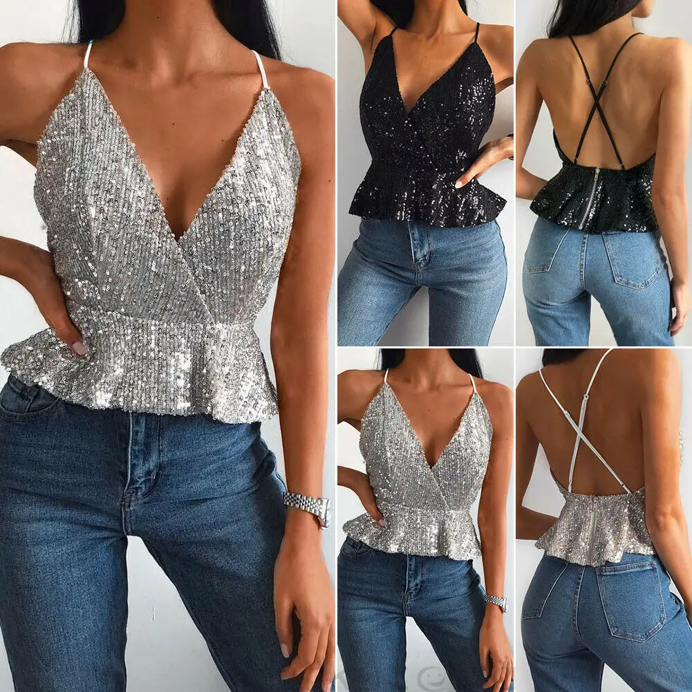 

Ladies Women Summer Sexy Crop Top Camis Deep V-Neck Sequin Backless Spaghetti Strap Club Tank Vest Solid Shining