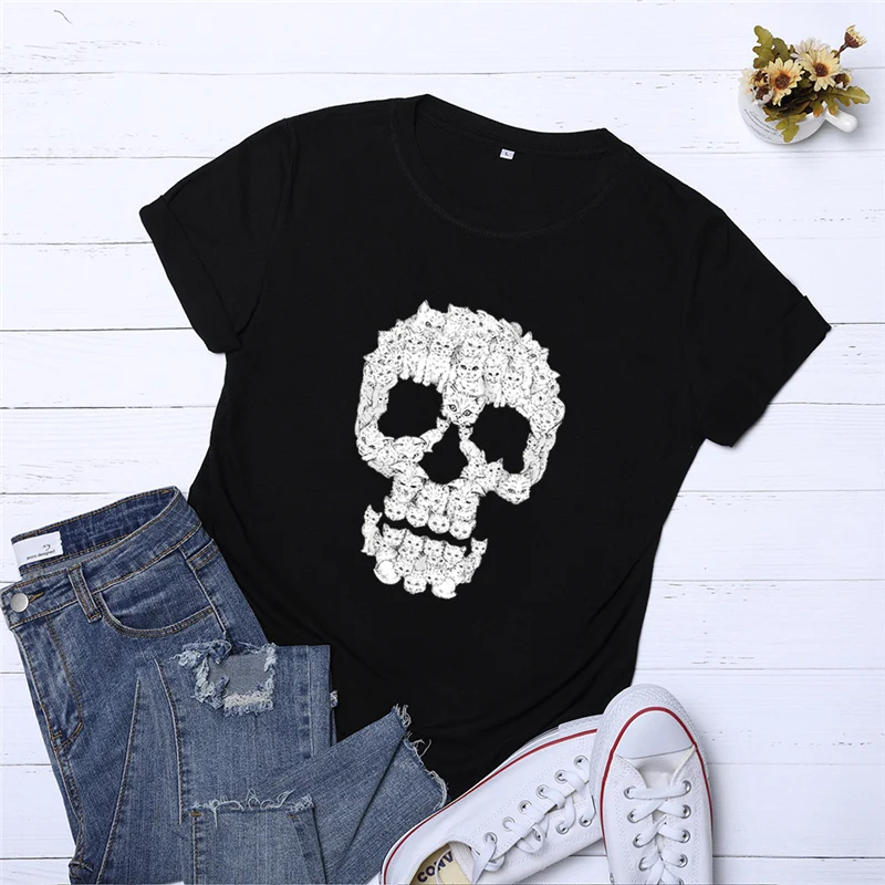 

Black Tshirt Women Summer Print Skull Punk Style Casual Tee Shirt Femme O neck Short Sleeve Tops Womens Clothing Plus Size 5XL