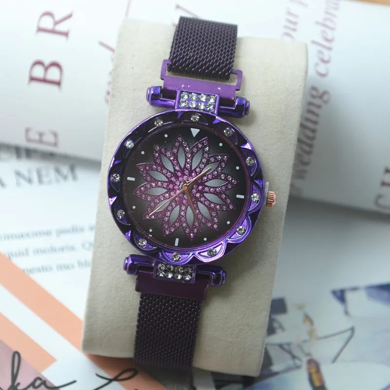 purple Новинка, модный бренд, розовое золото, женские сетчатые часы с магнитной пряжкой, звездное небо, женские кварцевые часы с цветком, Relogio Feminino, горячая Распродажа - Цвет: purple