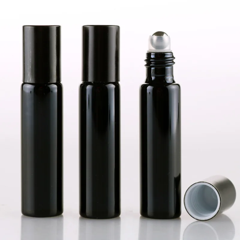 

empty 10ml black color roll on bottle perfume glass bottle with roll on eye cream massage essential oil roller bottle case gold