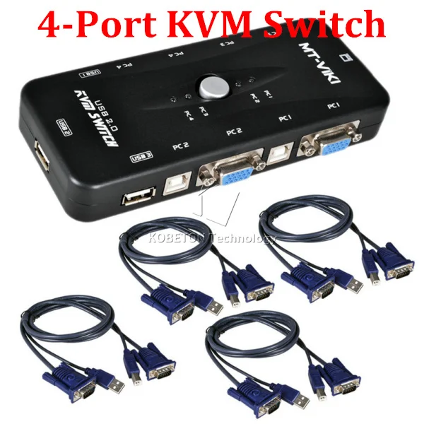USB 2.0 4 Port Monitor SVGA VGA KVM Switch Box 4 Cables for PC Keyboard Mouse 