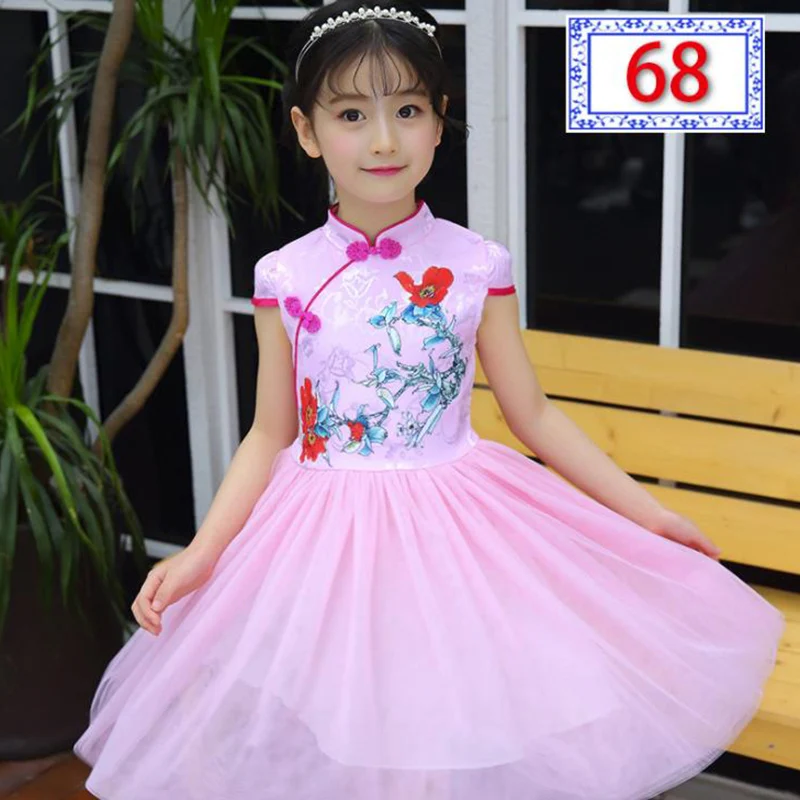 Новое летнее платье в китайском стиле для девочек с Чонсам с вышивкой и короткими рукавами, платье из тюля для маленьких девочек одежда для детей 3-14 лет