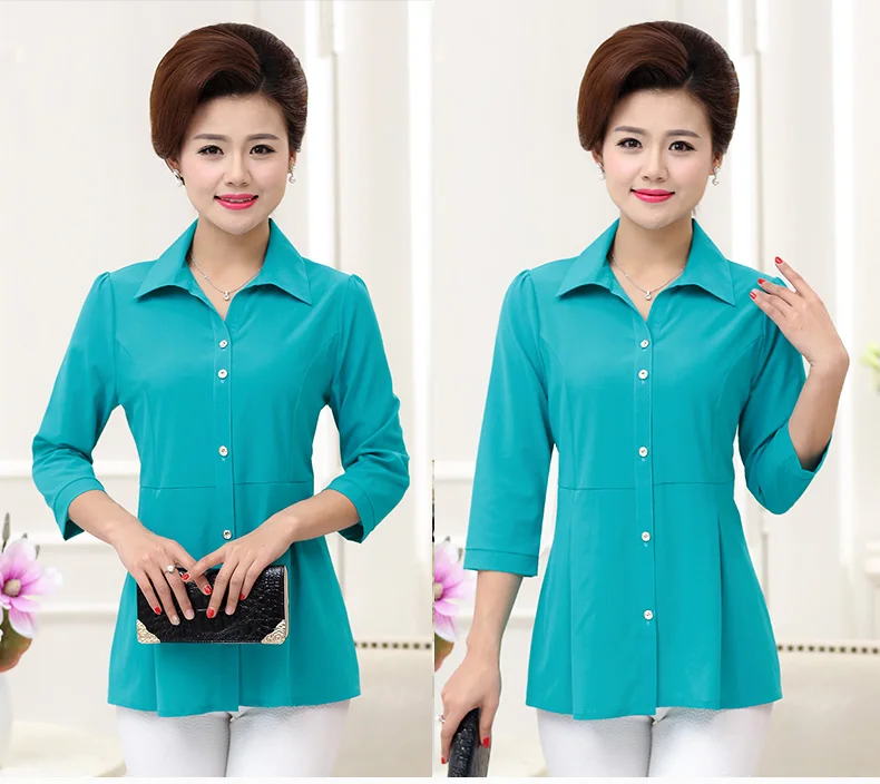Woman Casual Shirt Half Sleeve Top Red Green Blue Plain Blouses Women Turn Down Collar Tops Peplum Blouses Bottom Front Top Plus Size (4)