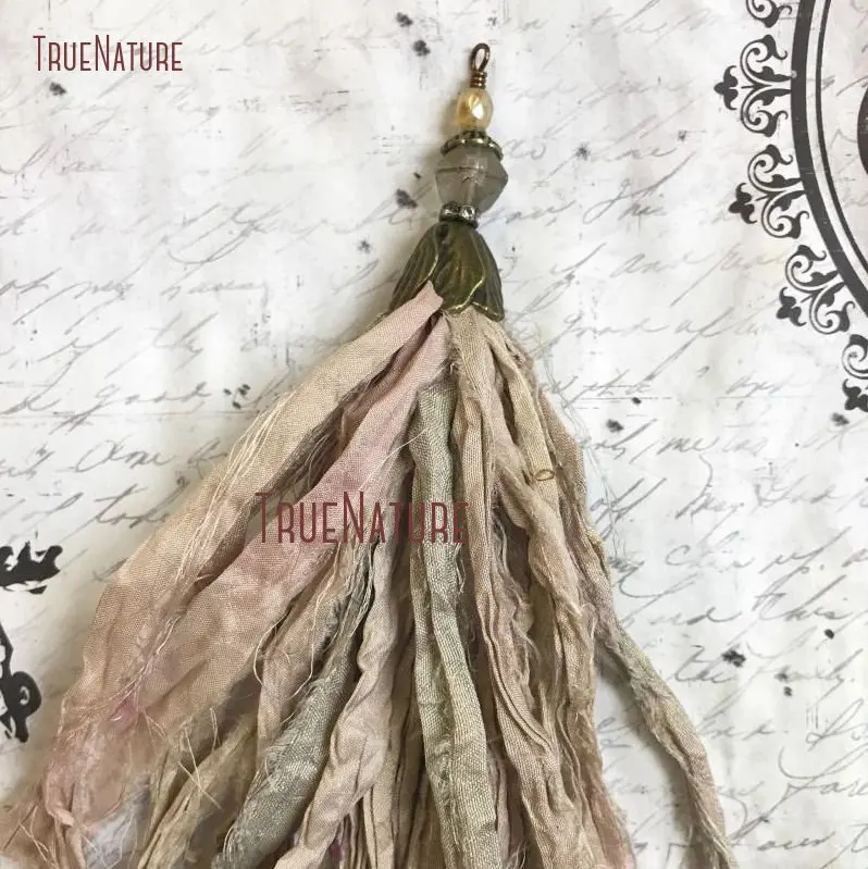 TPO14382-Sari Silk Tassel Pendant Natural Beige Hints Of Pink Sari Silk Bohemian Style Tassel Pendant Antique Brass Flower Bead Cap  (2)