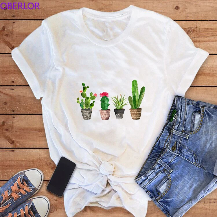 

2019 Newest Summer Novelty Women T Shirt Harajuku Kawaii Cute Style Cactus Plants Print T-shirt Female Short Sleeve Tops