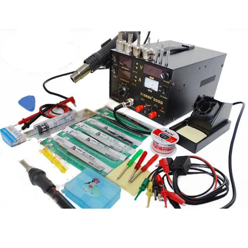 

110V or 220V Saike 909D 3 in 1 Heat Air Gun Solder Iron Soldering Station+Power Supply