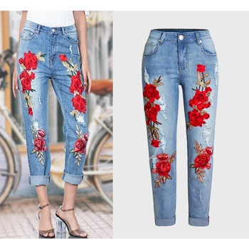 

2017 Vogue Jeans Women Stretch Loose Denim Pants Floral 3D Embroidery Bleach Ripped Pants Female Elastic Denim Jeans Pants