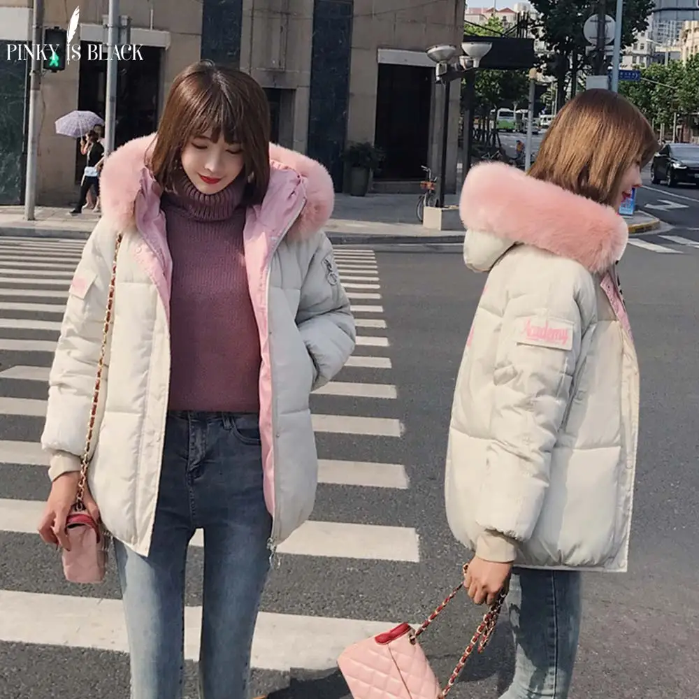 PinkyIsblack Winter Jacket Women 2018 New Fashion Slim Female Winter Coat Thicken Parka Down Cotton Clothing Fake fox fur collar