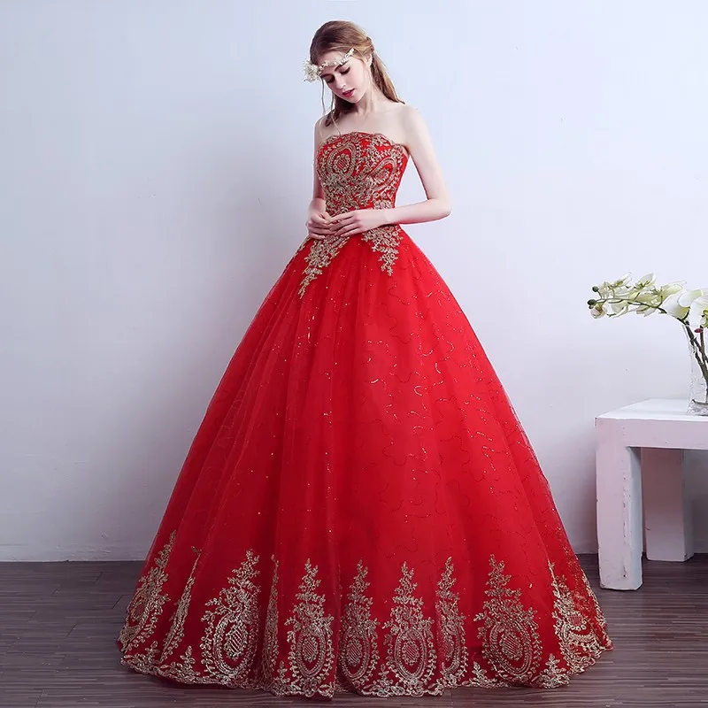 Мода настоящая фотография принцесса вышивка золотой красный свадебное платье vestido de noiva невесты платье дешевые романтическое платье невесты 627