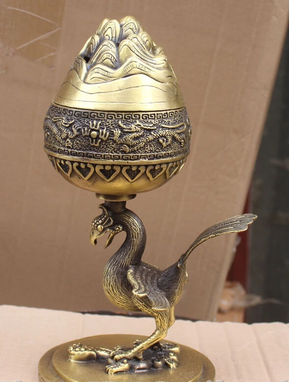 

JP S0299 11" Chinese FengShui Bronze Dragon Phoenix Bird Incense Burner Censer Statue