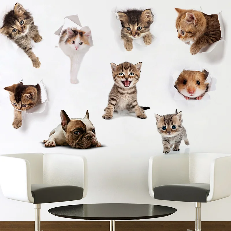 

3D Cats Dogs Hamster Wall Stickers Bathroom For Home Decor Kids Room Cute Animals PVC Decals Art Poster Hole View Toilet Sticker
