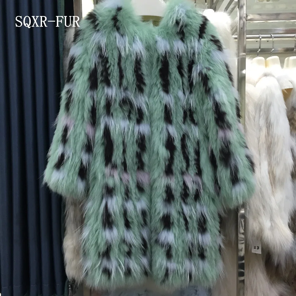 

SQXR FUR fashion new long knitted fox fur coat women's weave stylish real fox fur beautiful jackets thick warm slim overcoat