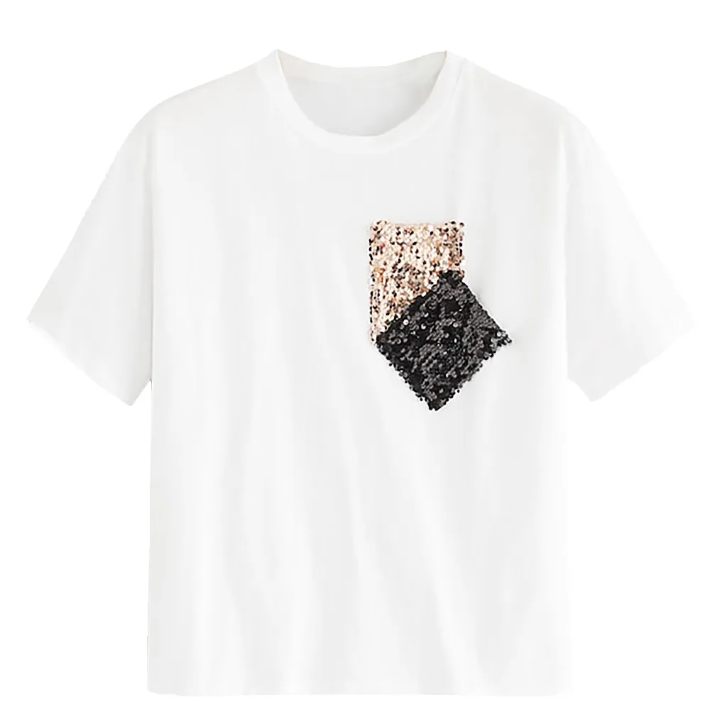 

SAGACE Fashion Tshirt Women 2019 Summer Women Tshirt Casual O-Neck Sequin Pocket Short Sleeve Tee Tops T-Shirt top female new