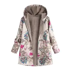 Большие размеры шерстяное зимнее пальто женская теплая верхняя одежда цветочный принт с капюшоном карманы Винтаж Пальто оверсайз Женская