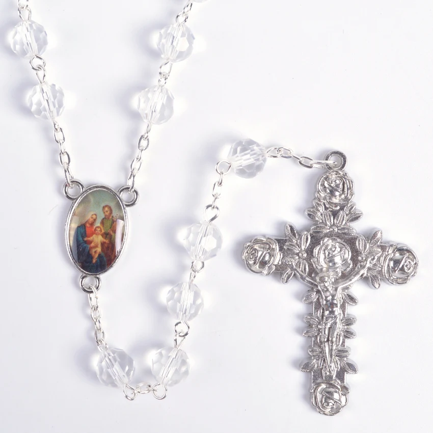 

Fashionable Popular Religious Faceted Multicolor Round Crystal Beads Holy Family Rosary Necklace
