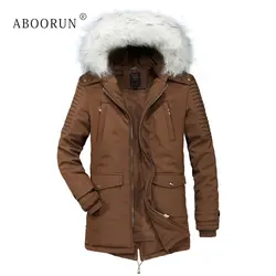 ABOORUN модные для мужчин зимняя куртка плиссированные рукава толстый мех животных с капюшоном куртки хаки черный длинное теплое пальт