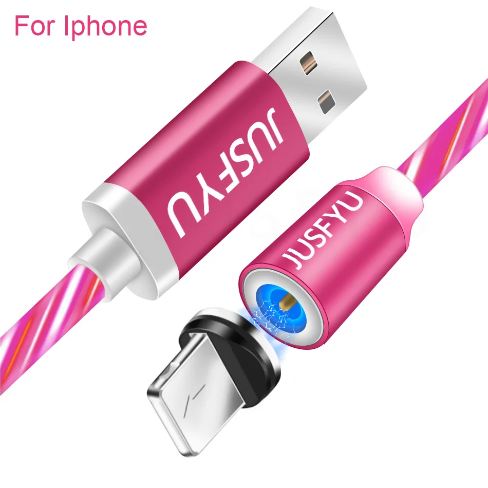 Магнитный usb-кабель со светящимся потоком для iPhone XS MAX XR 7 8, зарядное устройство Micro type C для быстрой зарядки, Магнитный зарядный USB-C type-C - Цвет: For iPhone Red