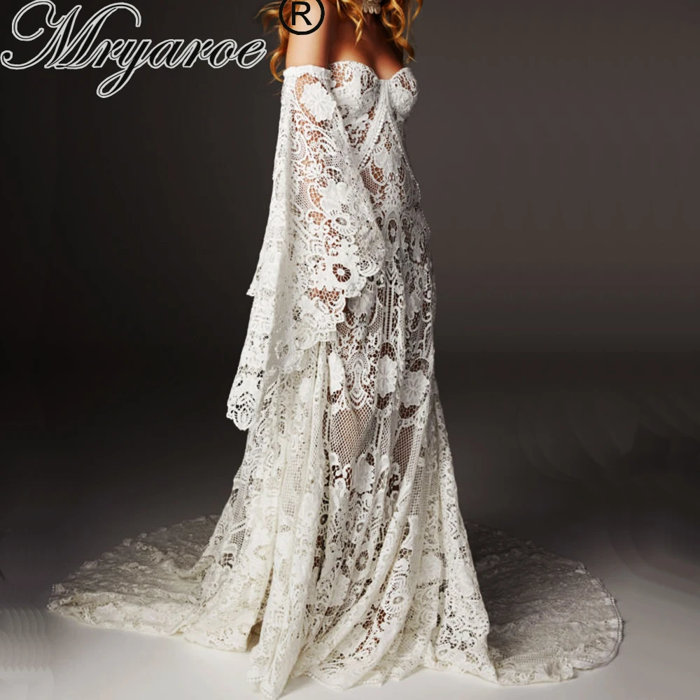 

Mryarce Unique Wedding Dress 2019 Luxury Crochet Lace Beau Gown Boho Chic Hippie Bridal Gown Bell Sleeves