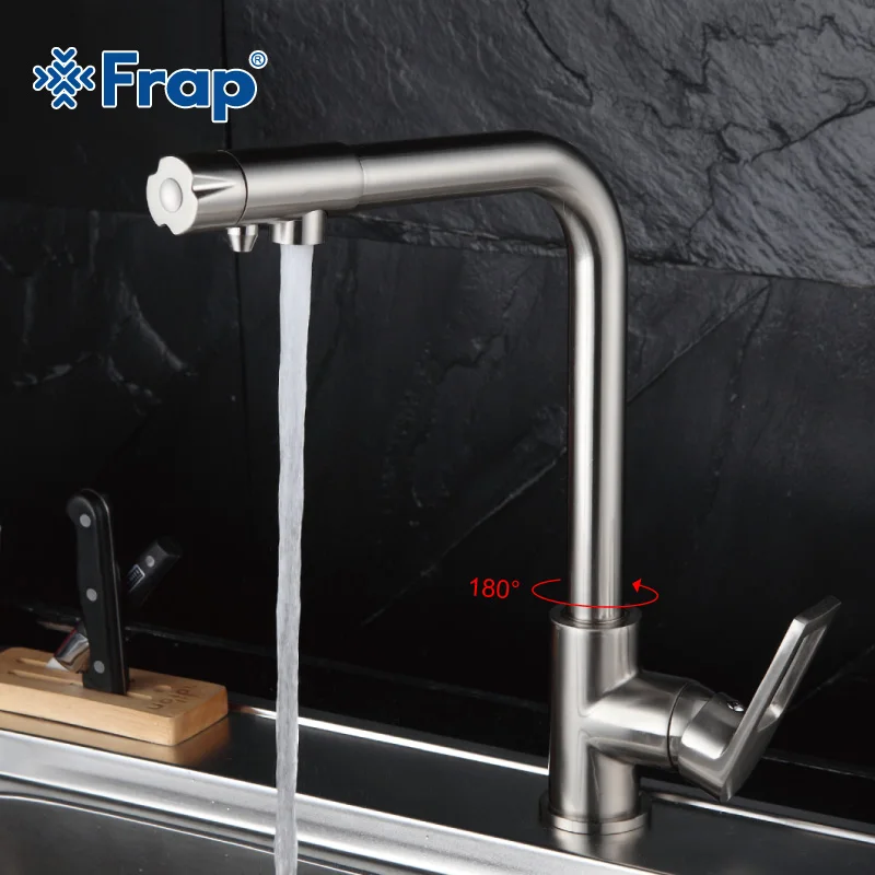 Frap Nickel Brushed Kitchen Faucet Right Angle Design 360 Degree Rotation with Water Purification Features Single
