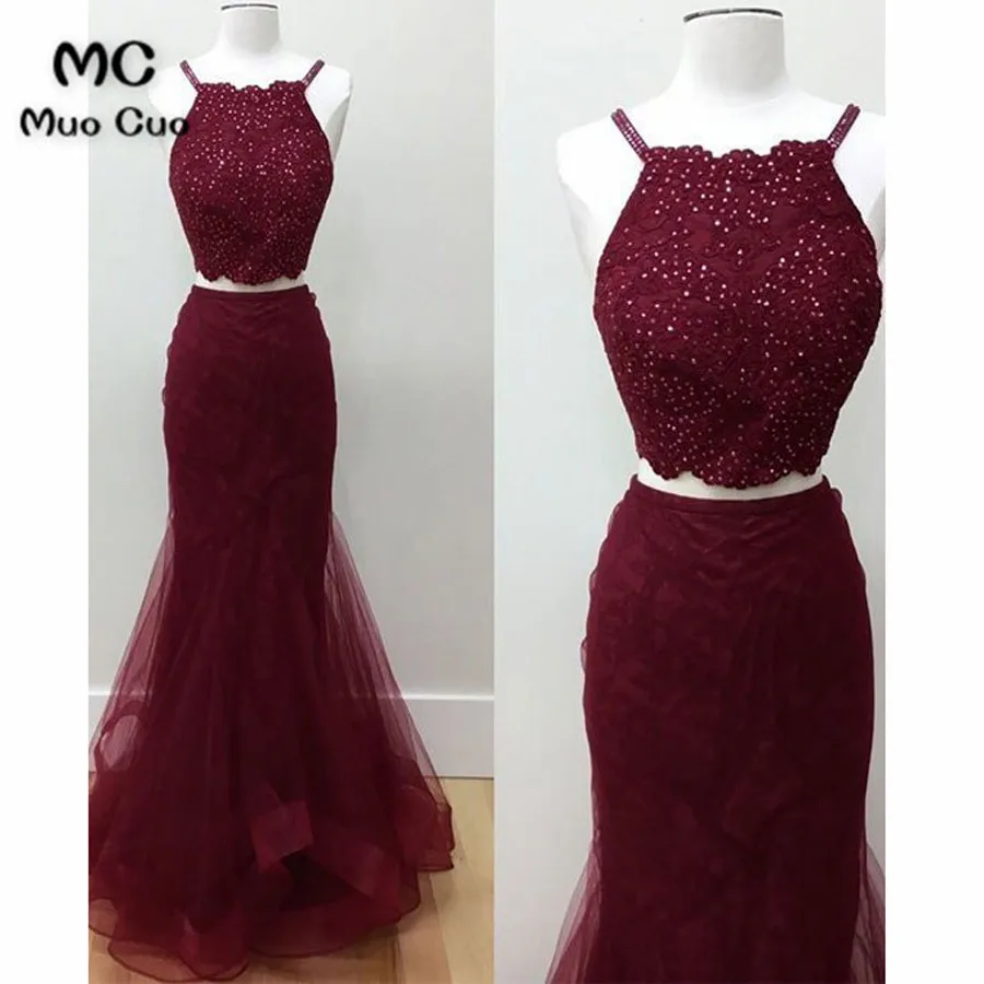 Lace Beading Burgundy Prom Dresses Two Pieces Pageant Dress4