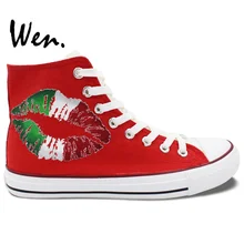 Вэнь красный зеленый ручная роспись обувь дизайн пользовательские Италия флаг губы печати узор для женщин мужчин высокие холщовые кроссовки для подарков