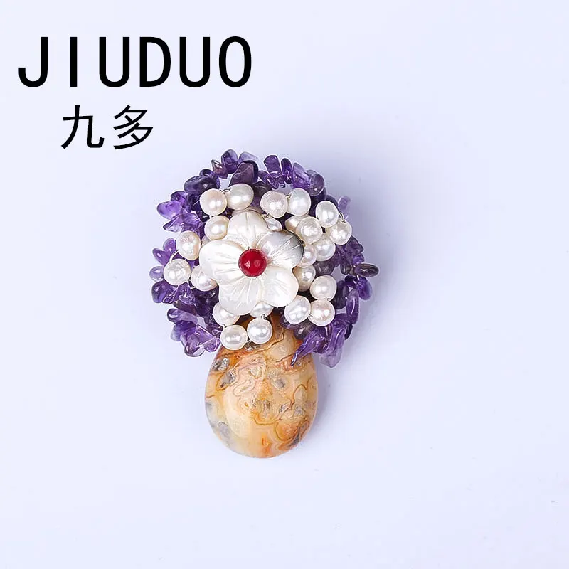 

JIUDUO handmade 100% natural flower stone brooch female purple real pearl elegant design design factory direct special package