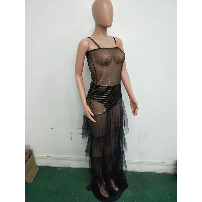 Echoine Sexy Sheer Mesh Dress Diamond Decor Spaghetti Straps Split See Through Slinky Bodycon Long Dress Party Night Clothing V