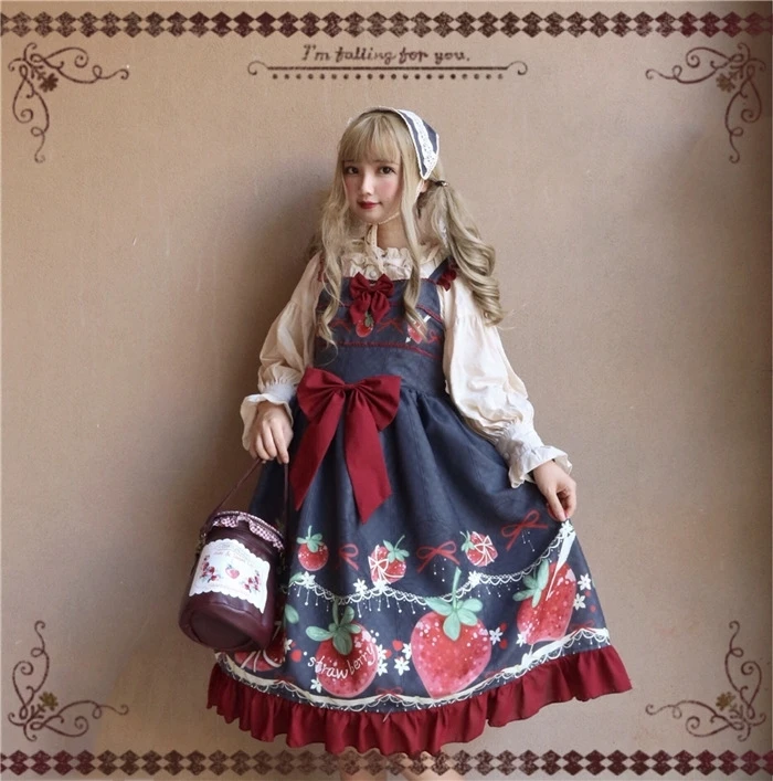 

Strawberry lolita dress kawaii girl lace printing victorian dress lolita sets shirt+jsk+headwear gothic lolita loli cos