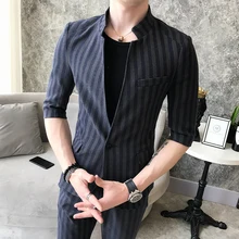 Топы+ брюки) мужской полосатый семь точек рукав маленький костюм мужской Тонкий корейской версии красивый Молодежный повседневный костюм