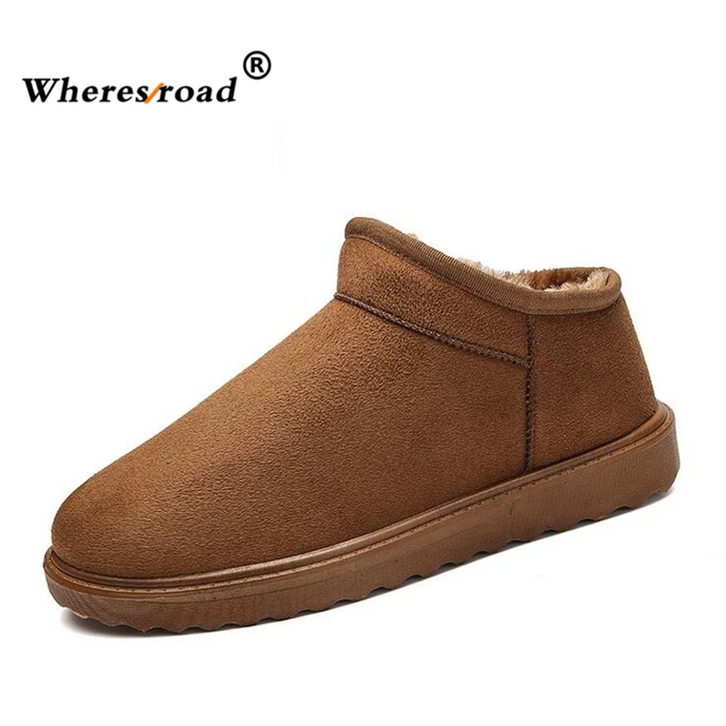 

Wheresroad Winter Warm Fur Men's slip-on Shearling solid Snow Boots Fashion Men Comfortable shoes Hand Make Casual Sneaker