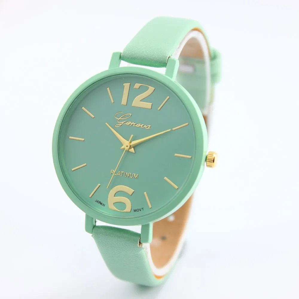 2016 Newest Fashion Woman Girl Watch Candy Color Faux Leather Analog Quartz Wrist Watch 10 Colors