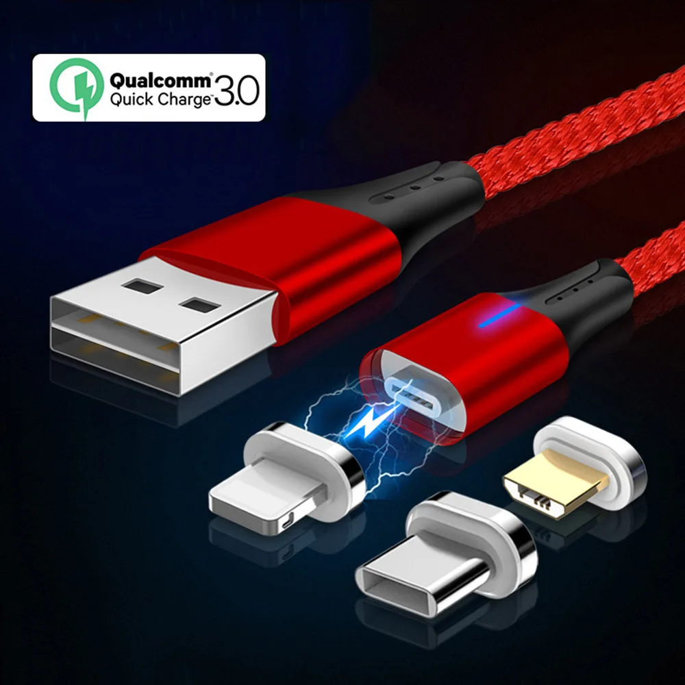 

Magnetic cable micro usb c for iphone xr redmi note 7 type c cable3A fast magnetic charging 3 in 1 Usb cables with LED lighting