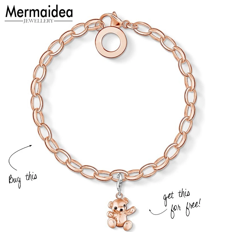 

Rose Gold Color Link Chain Basic Bracelet Rolo Chian Bracelets with Teddy Bear Charm DIY Charm Bracelet Jewelry Gift For Women