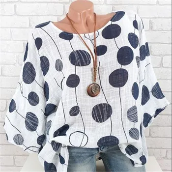 

Women polka dot Large size Blouse 2019 spring summer stitching round neck bat sleeve shirt printed Ladies casual loose tops