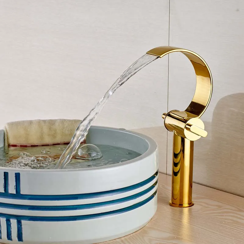 Creative Waterfall C Shape Spout Bathroom Basin Hot and Cold Water Faucet Dual Handle Countertop Mixer