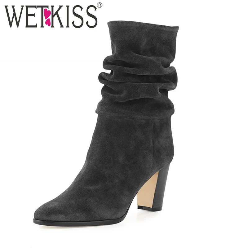

WETKISS New Arrival Customized Flock Ladies Ankle Boots Pleated Round Toe Thick High Heels Footwear Spring Women Fashion Shoes
