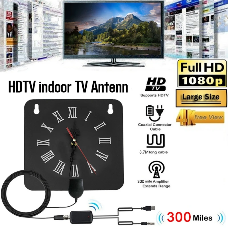 Стиль будильника 300 км внутренняя цифровая ТВ антенна с усилителем сигнала Усилитель приема Бесплатные башни вещания HD ТВ антенна