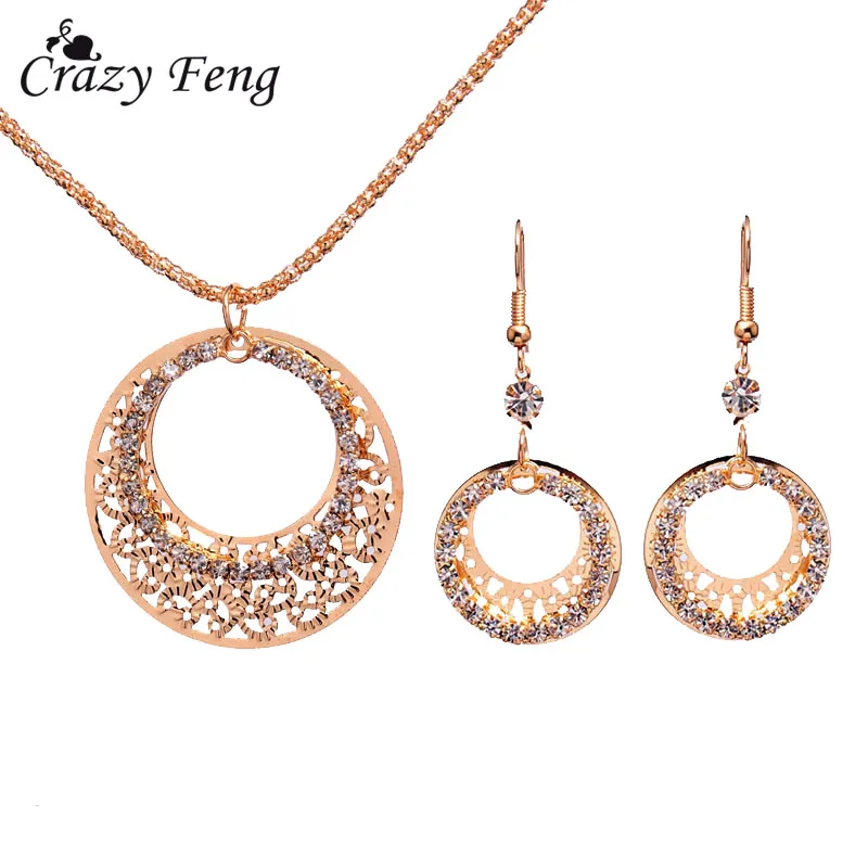 

Crazy Feng Jewelry Free shipping Women Jewelry Gold-color Austrian Crystal Jewelry Sets Chain Pendant Necklace Earrings sets
